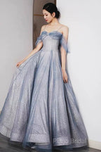 Pretty A Line Off The Shoulder Blue Sequin Tulle Long Length Formal Dresses Formal Prom Dresses