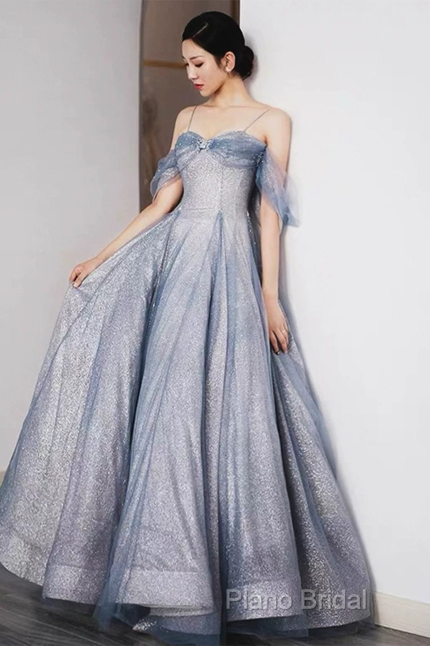 Pretty A Line Off The Shoulder Blue Sequin Tulle Long Length Formal Dresses Formal Prom Dresses