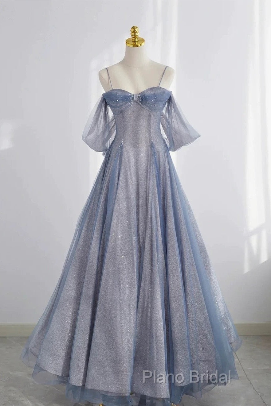 Pretty A Line Off The Shoulder Blue Sequin Tulle Long Length Formal Dresses Formal Prom Dresses