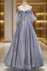 Pretty A Line Off The Shoulder Blue Sequin Tulle Long Length Formal Dresses Formal Prom Dresses