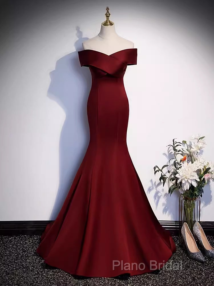 Pretty A Line Off The Shoulder Burgundy Satin Long Formal Party Dresses Formal Prom Dresses With Bow Secondary image