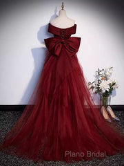 Pretty A Line Off The Shoulder Burgundy Satin Long Formal Party Dresses Formal Prom Dresses With Bow