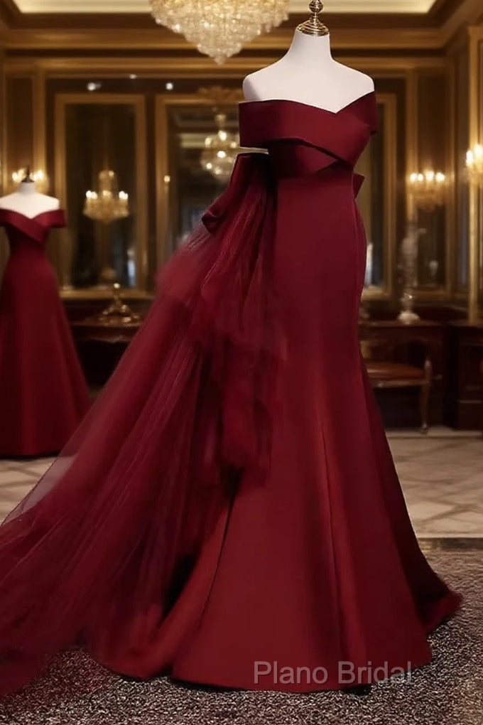 Pretty A Line Off The Shoulder Burgundy Satin Long Formal Party Dresses Formal Prom Dresses With Bow Main image