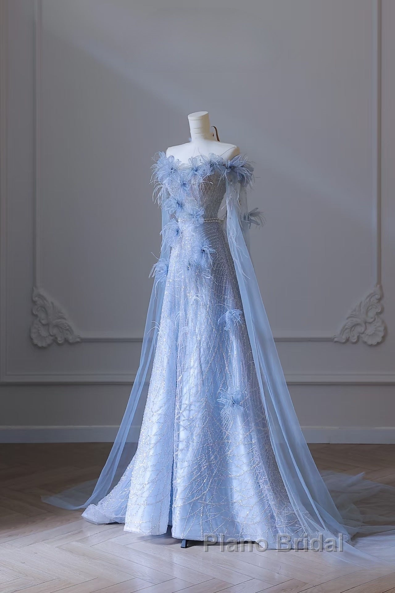 Pretty A Line Off The Shoulder Floor-Length Blue Sequin Short Sleeves Evening Dresses Formal Prom Dresses Secondary image