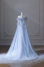 Pretty A Line Off The Shoulder Floor-Length Blue Sequin Short Sleeves Evening Dresses Formal Prom Dresses