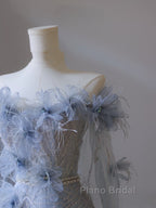 Pretty A Line Off The Shoulder Floor-Length Blue Sequin Short Sleeves Evening Dresses Formal Prom Dresses