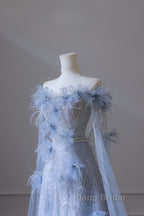 Pretty A Line Off The Shoulder Floor-Length Blue Sequin Short Sleeves Evening Dresses Formal Prom Dresses