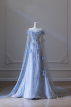 Pretty A Line Off The Shoulder Floor-Length Blue Sequin Short Sleeves Evening Dresses Formal Prom Dresses