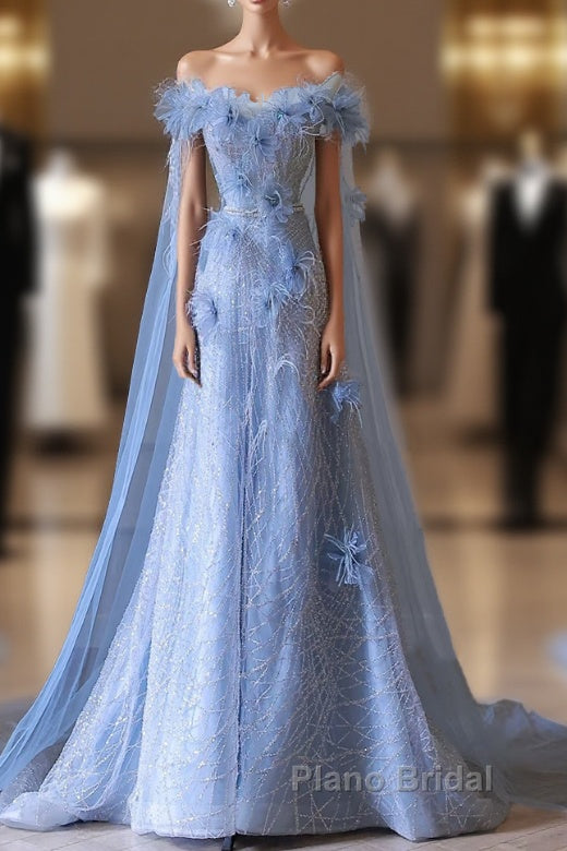 Pretty A Line Off The Shoulder Floor-Length Blue Sequin Short Sleeves Evening Dresses Formal Prom Dresses Main image