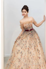 Pretty A Line Off The Shoulder Long Sleeves Floral Tulle Long Length Formal Dresses Formal Prom Dresses