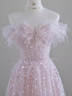 Pretty A Line Off The Shoulder Pink Sequin Long Formal Party Dresses Formal Prom Dresses