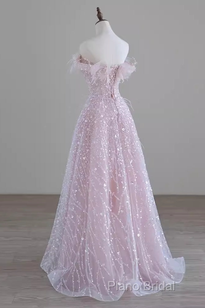 Pretty A Line Off The Shoulder Pink Sequin Long Formal Party Dresses Formal Prom Dresses