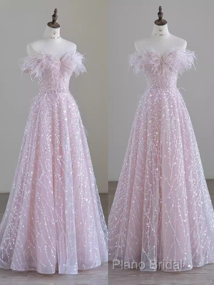 Pretty A Line Off The Shoulder Pink Sequin Long Formal Party Dresses Formal Prom Dresses
