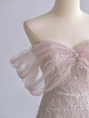 Pretty A Line Off The Shoulder Pink Sequin Long Formal Party Dresses Formal Prom Dresses With Beads