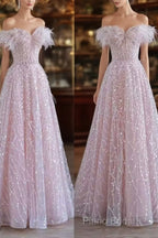 Pretty A Line Off The Shoulder Pink Sequin Long Formal Party Dresses Formal Prom Dresses