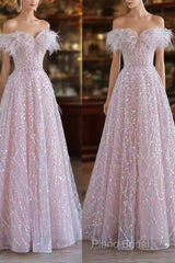 Pretty A Line Off The Shoulder Pink Sequin Long Formal Party Dresses Formal Prom Dresses