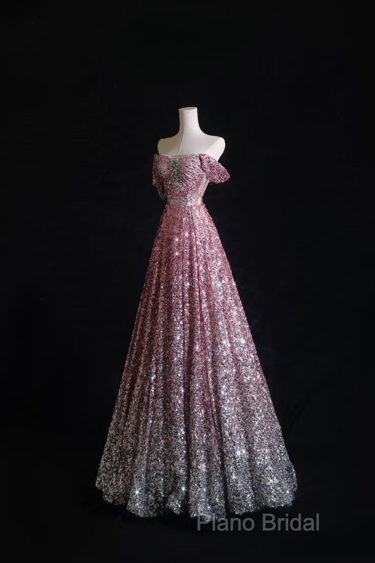 Pretty A Line Off The Shoulder Pink Sequin Long Formal Prom Dresses Formal Gowns Secondary image