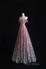 Pretty A Line Off The Shoulder Pink Sequin Long Formal Prom Dresses Formal Gowns