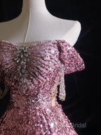 Pretty A Line Off The Shoulder Pink Sequin Long Formal Prom Dresses Formal Gowns