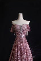 Pretty A Line Off The Shoulder Pink Sequin Long Formal Prom Dresses Formal Gowns