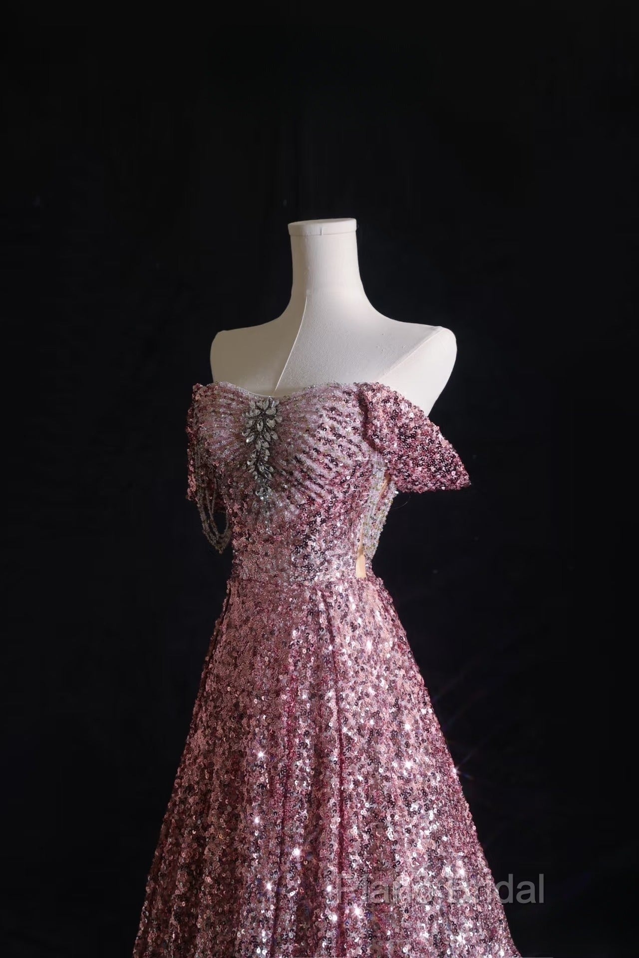 Pretty A Line Off The Shoulder Pink Sequin Long Formal Prom Dresses Formal Gowns