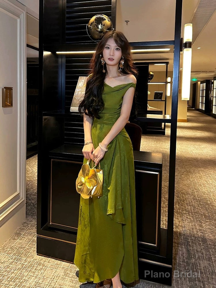 Pretty A line Off The Shoulder Satin Green Long Prom Dresses Satin Evening Gowns Secondary image
