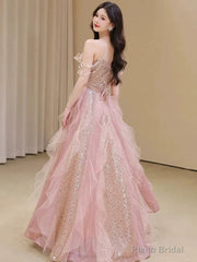 Pretty A Line Off The Shoulder Tulle Pink Floor Length Evening Dress Prom Dresses