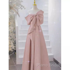 Pretty A Line One Shoulder Pink Satin Long Formal Party Dresses Formal Prom Dresses With Bowknot