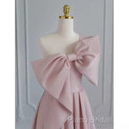 Pretty A Line One Shoulder Pink Satin Long Formal Party Dresses Formal Prom Dresses With Bowknot