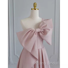 Pretty A Line One Shoulder Pink Satin Long Formal Party Dresses Formal Prom Dresses With Bowknot