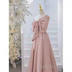 Pretty A Line One Shoulder Pink Satin Long Formal Party Dresses Formal Prom Dresses With Bowknot