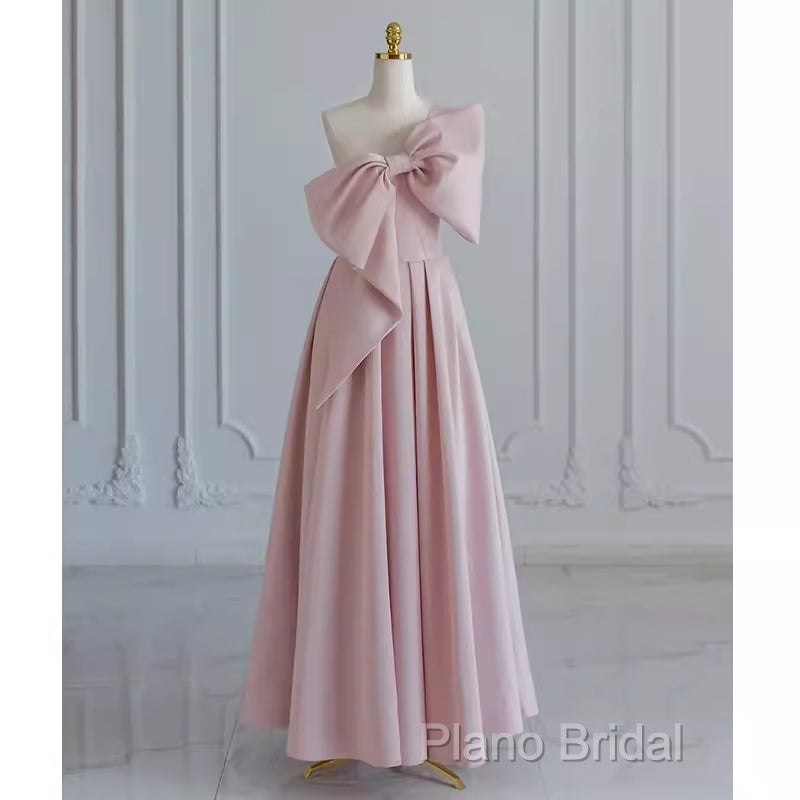 Pretty A Line One Shoulder Pink Satin Long Formal Party Dresses Formal Prom Dresses With Bowknot