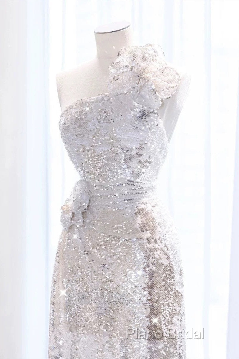 Pretty A Line One Shoulder Silver Sequin Long Length Formal Dresses Formal Prom Dresses