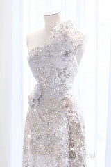 Pretty A Line One Shoulder Silver Sequin Long Length Formal Dresses Formal Prom Dresses