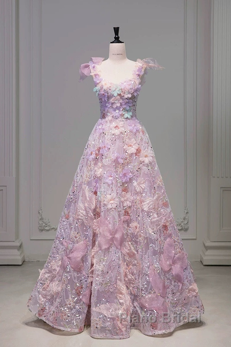 Pretty A Line Spaghetti Straps Pink Floral Long Length Evening Dresses Formal Prom Dresses