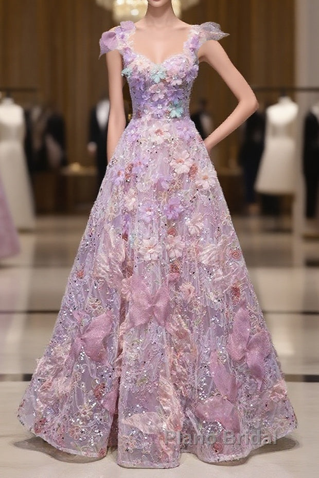 Pretty A Line Spaghetti Straps Pink Floral Long Length Evening Dresses Formal Prom Dresses Main image