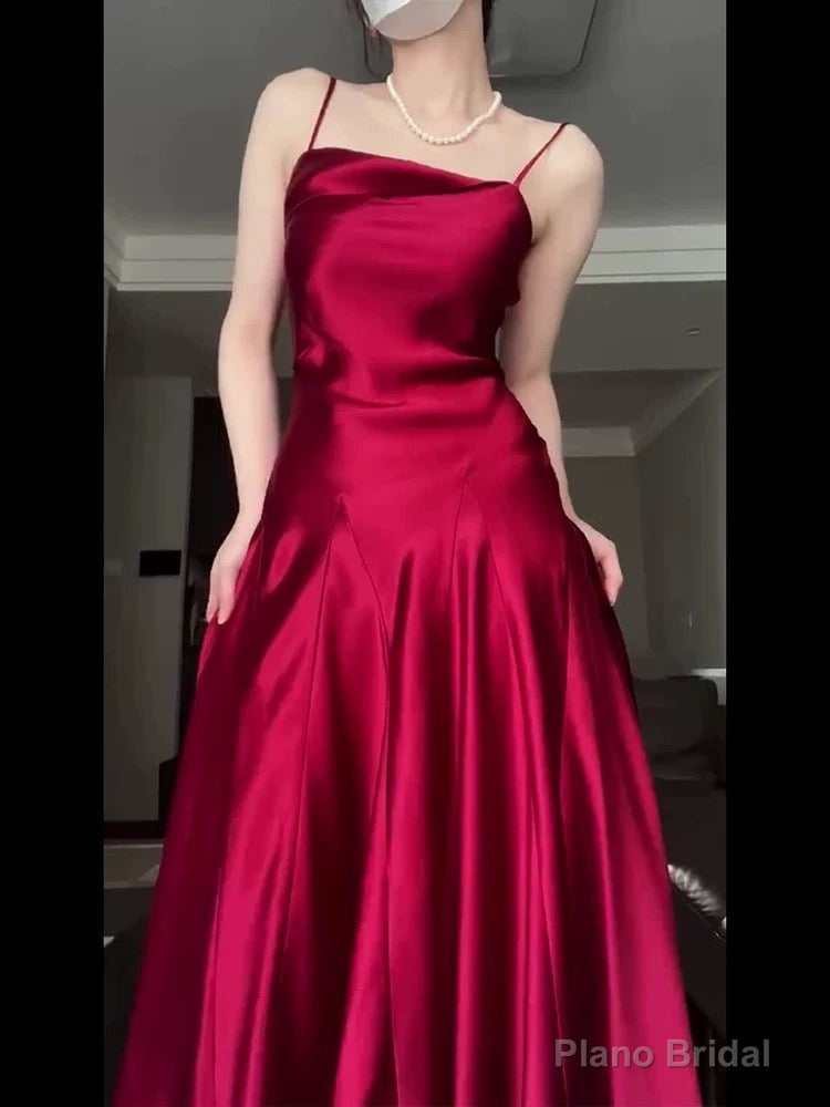 Pretty A Line Spaghetti Straps Red Satin Long Floor Length Prom Dresses