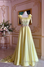 Pretty A Line Straps Satin Yellow Long Formal Prom Dresses Formal Evening Dresses