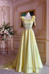 Pretty A Line Straps Satin Yellow Long Formal Prom Dresses Formal Evening Dresses