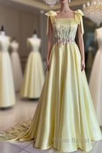 Pretty A Line Straps Satin Yellow Long Formal Prom Dresses Formal Evening Dresses