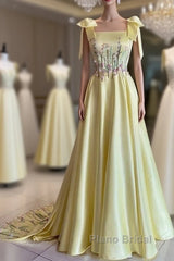 Pretty A Line Straps Satin Yellow Long Formal Prom Dresses Formal Evening Dresses