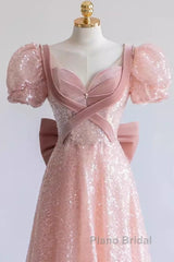 Pretty A Line Sweetheart Short Sleeves Long Evening Party Dresses Pink Formal Prom Dresses