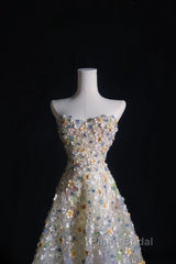 Pretty A Line Sweetheart Tulle Floral Long Formal Prom Dresses Evening Gowns