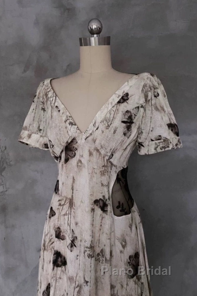 Pretty A Line V Neckline Floral Long Formal Prom Dresses Birthday Dresses For Women