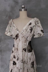 Pretty A Line V Neckline Floral Long Formal Prom Dresses Birthday Dresses For Women