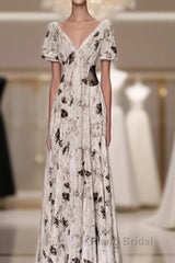 Pretty A Line V Neckline Floral Long Formal Prom Dresses Birthday Dresses For Women