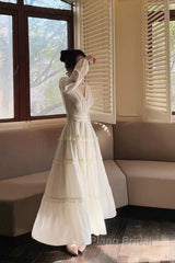 Pretty A Line V Neckline Long Sleeves Chiffon White Ankle Length Evening Dresses Formal Prom Dresses