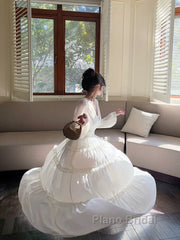 Pretty A Line V Neckline Long Sleeves Chiffon White Ankle Length Evening Dresses Formal Prom Dresses