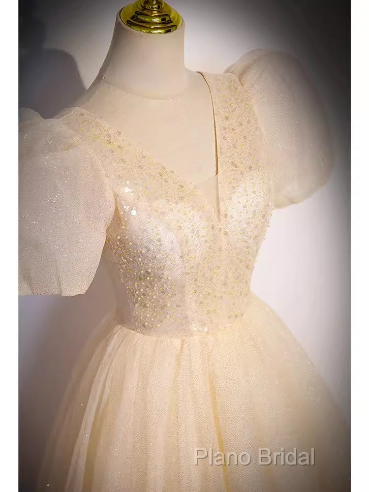 Pretty A Line V Neckline Short Sleeves Long Formal Party Dresses Formal Prom Dresses