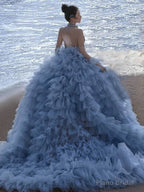 Pretty Ball Gown High Neckline Tulle Layers Long Blue Ruffles Prom Dresses Sweet 16 Dresses